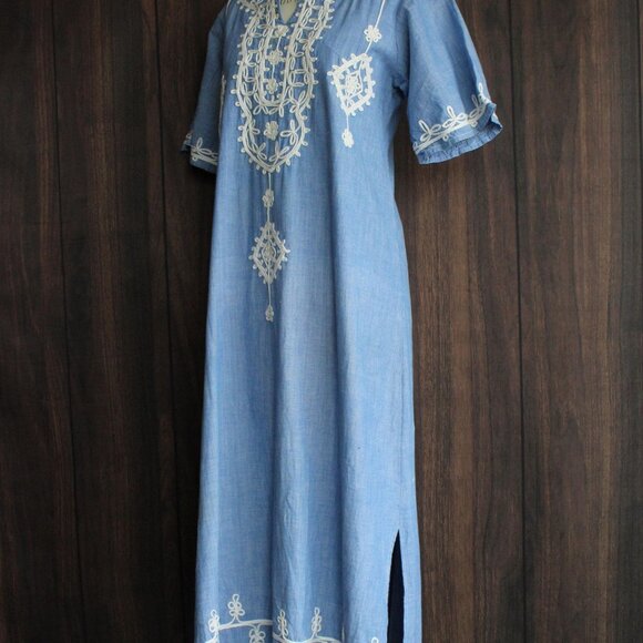 Vintage 1970s Caftan Dress, Blue Maxi Dress with White Embroidery, Traditional - Picture 7 of 10